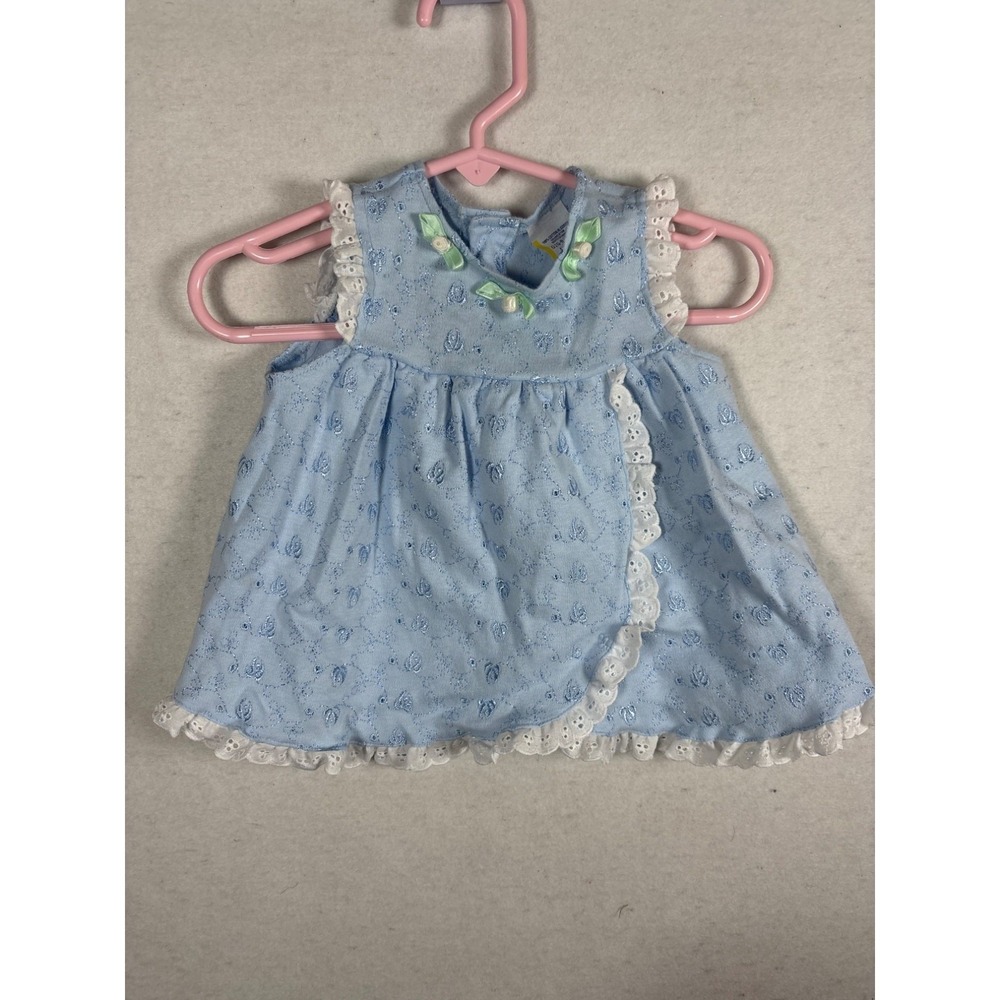 Vtg Baby Girls Blue Eyelet Lace Trim Dress 6 9 Months Sleeveless Button Back